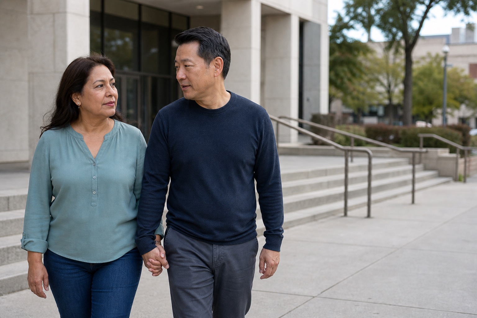 A couple walk away from a county courthouse