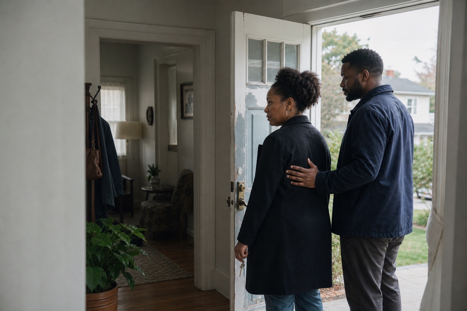 A woman and a man pausing at the front door of a family home, keys still in the lock