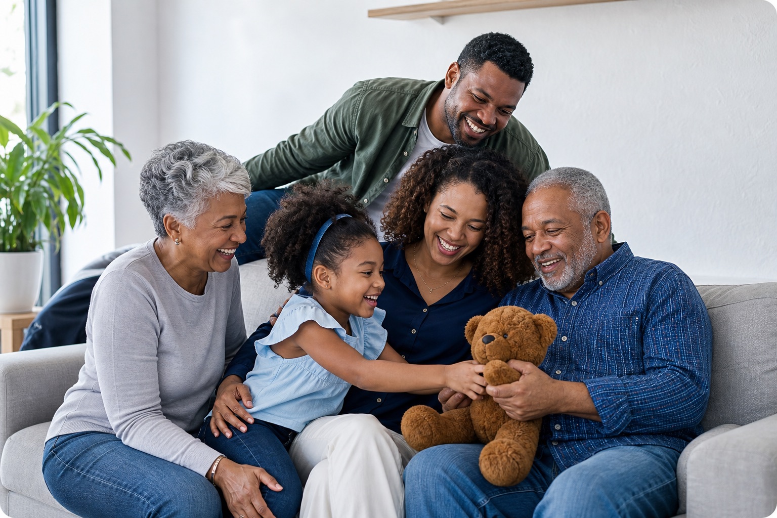 Three generations of a family sit together
