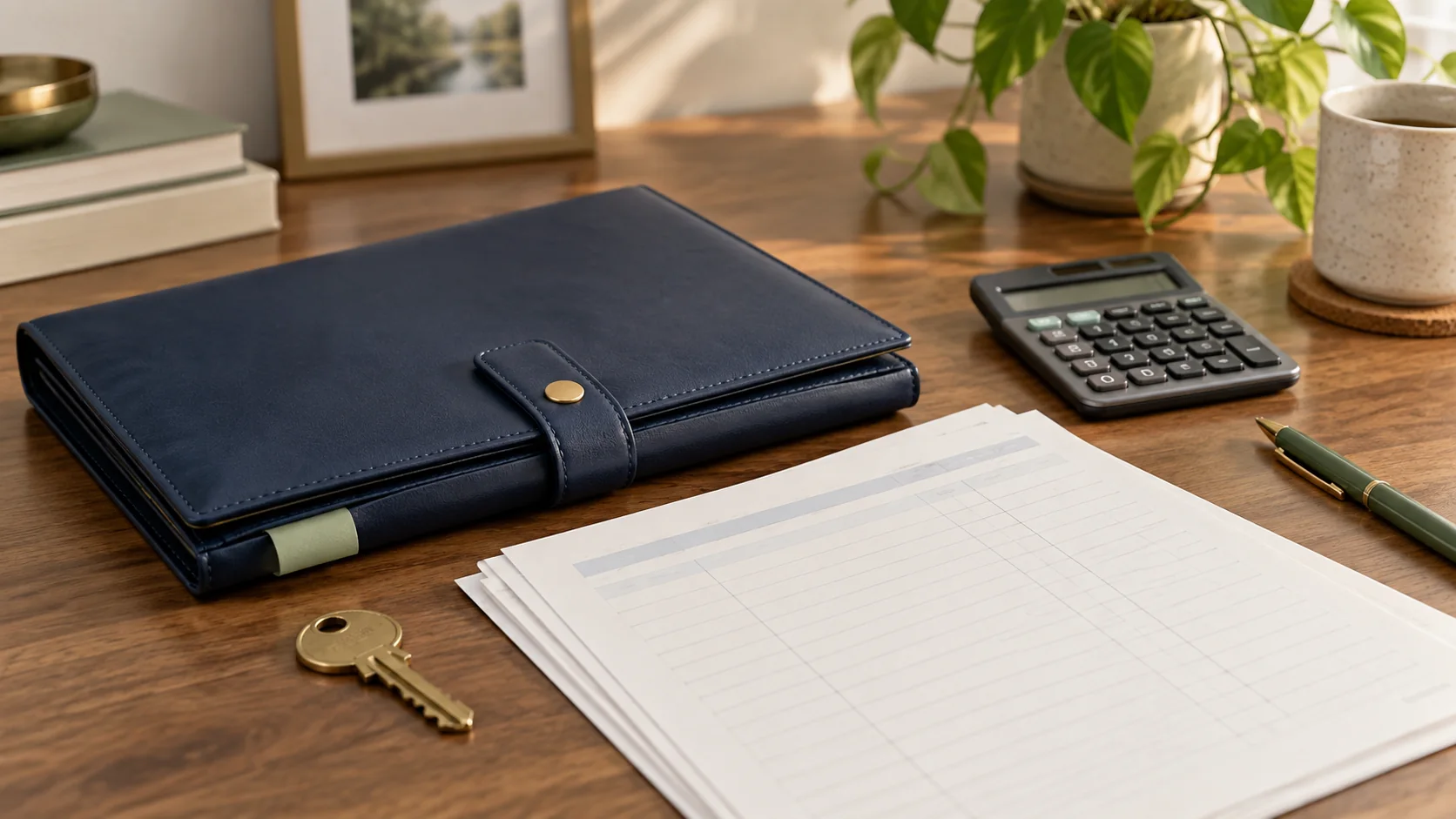 Secure estate banking record with statement, calculator, and key