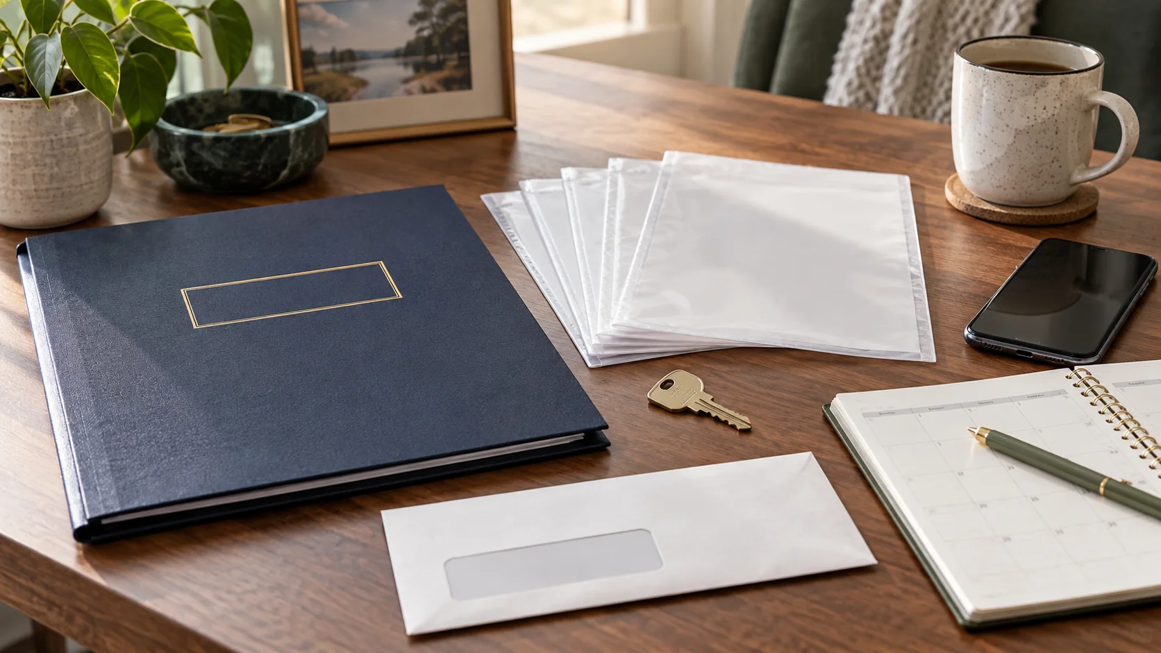 First-week estate packet with document sleeves, key, mail, and calendar